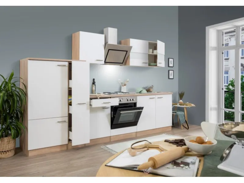 Respekta Economy Küchenzeile KB300ESWS 300 cm -Eiche Sägerau< Kühlschränke|Einbauküchen