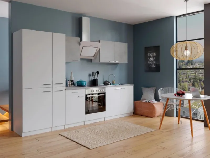 Respekta Economy Küchenzeile KB300WWBSCGKE178 300 cm Weiß-Beton Optik