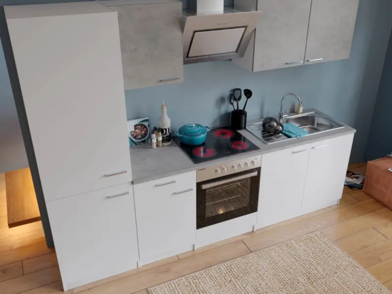 Respekta Economy Küchenzeile KB270WWBSCGKE178 270 cm Weiß-Beton Optik< Herde|Kühlschränke