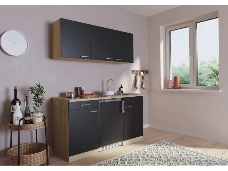 Respekta Miniküchen|Kochfelder<Economy Küchenzeile KB150ESSC 150 cm Schwarz-Eiche Sägerau