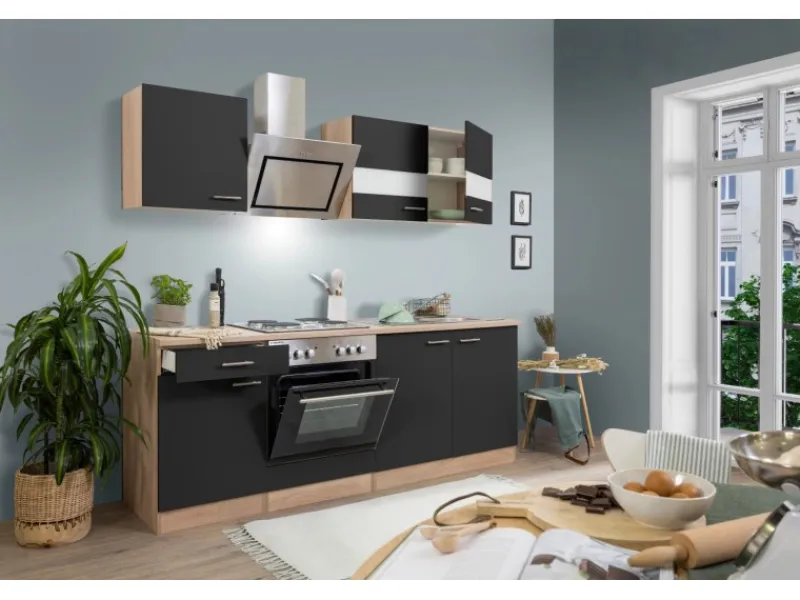 Respekta Economy Küchenzeile KB210ESSS 210 cm -Eiche Sägerau< Herde|Kochfelder