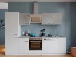 Respekta Economy Küchenzeile KB280WWBSCGKE178 280 cm Weiß-Beton Optik< Einbauküchen|Kühlschränke
