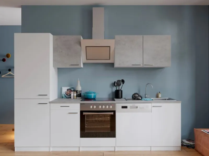 Respekta Economy Küchenzeile KB280WWBSCGKE178 280 cm Weiß-Beton Optik< Einbauküchen|Kühlschränke