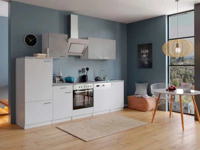 Respekta Economy Küchenzeile KB280WWBSC 280 cm Weiß-Beton Optik< Herde|Kühlschränke