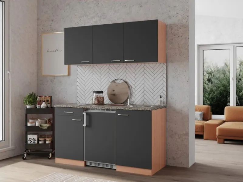 Respekta Single-Küchen|Miniküchen<Economy Küchenzeile KB150BGC 150 cm Grau-Buche