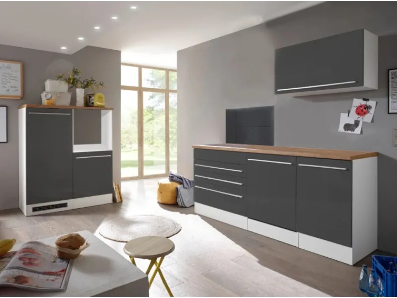 Respekta Küchenblock Gabriel LBBERP320HWGC ohne E-Geräte 320 cm Grau Hochglanz< Einbauküchen