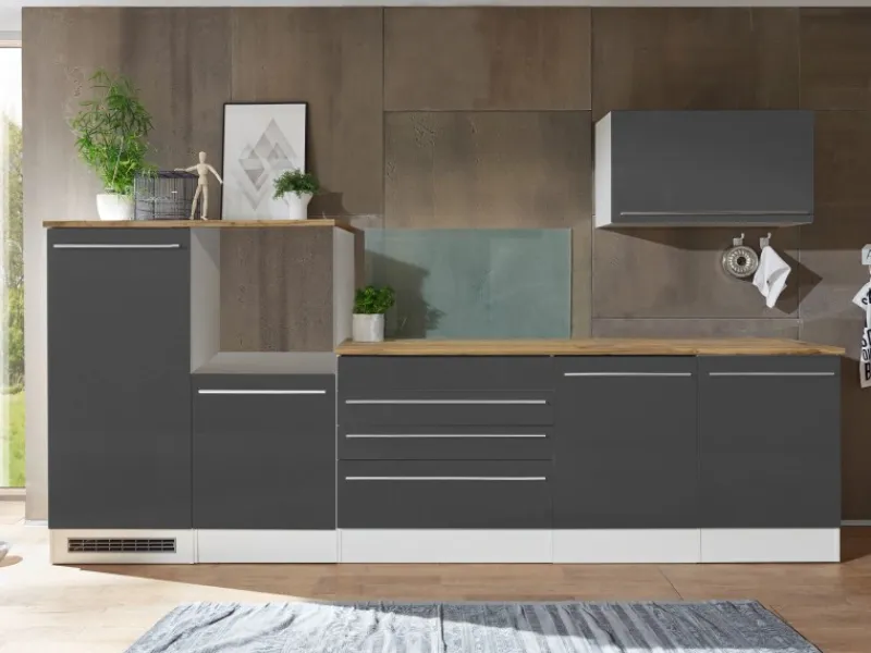 Respekta Küchenblock Gabriel LBBERP320HWGC ohne E-Geräte 320 cm Grau Hochglanz< Einbauküchen