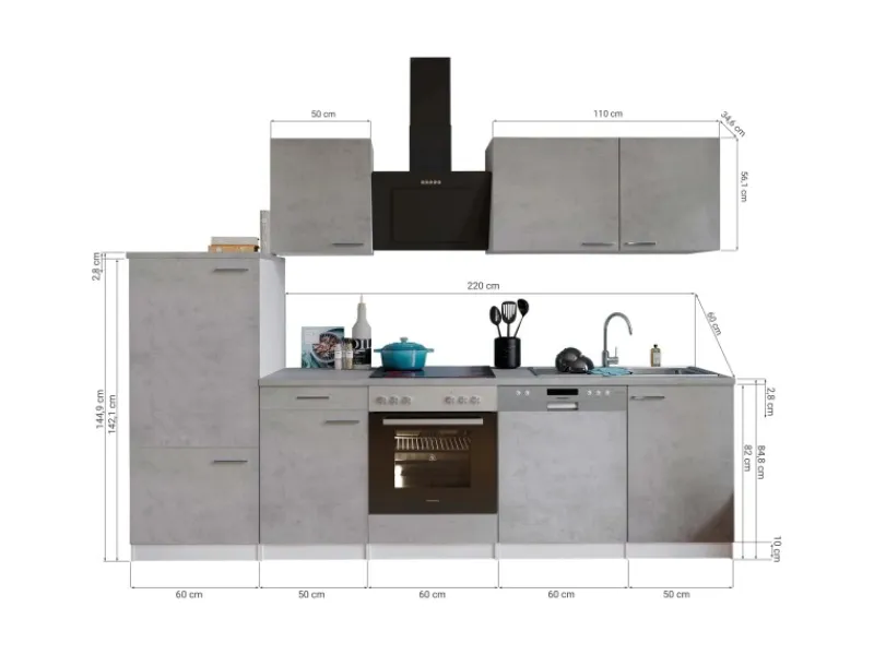 Clearance Respekta Küchenblock Malia mit E-Geräten 280 cm Beton Fronten