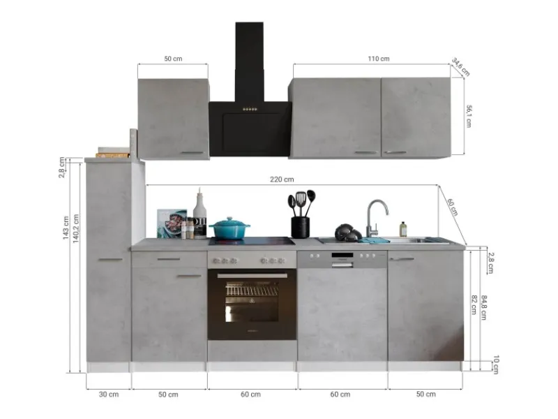 Respekta Winkelküchen<Küchenblock Malia mit E-Geräten 250 cm Beton Fronten