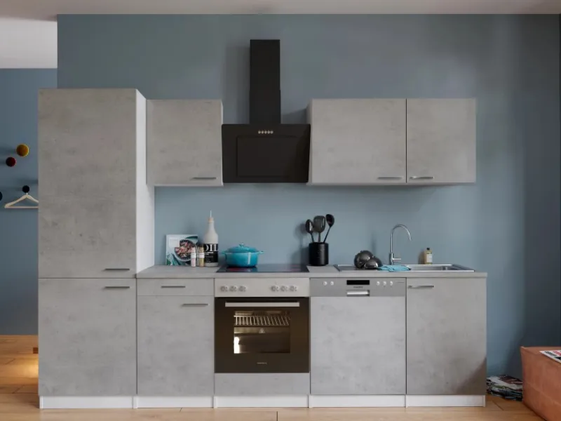 Hot Respekta Küchenblock Malia 280 cm Beton Fronten inkl. Kühl-/ Gefrierkombination