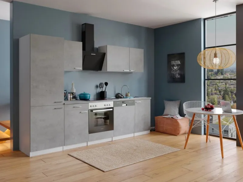 Hot Respekta Küchenblock Malia 280 cm Beton Fronten inkl. Kühl-/ Gefrierkombination