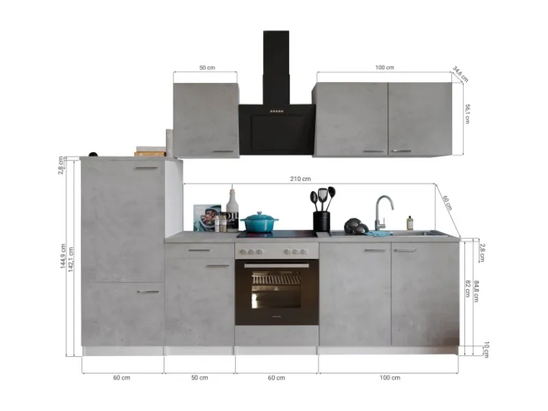 Best Respekta Küchenblock Malia mit E-Geräten 270 cm Beton Fronten