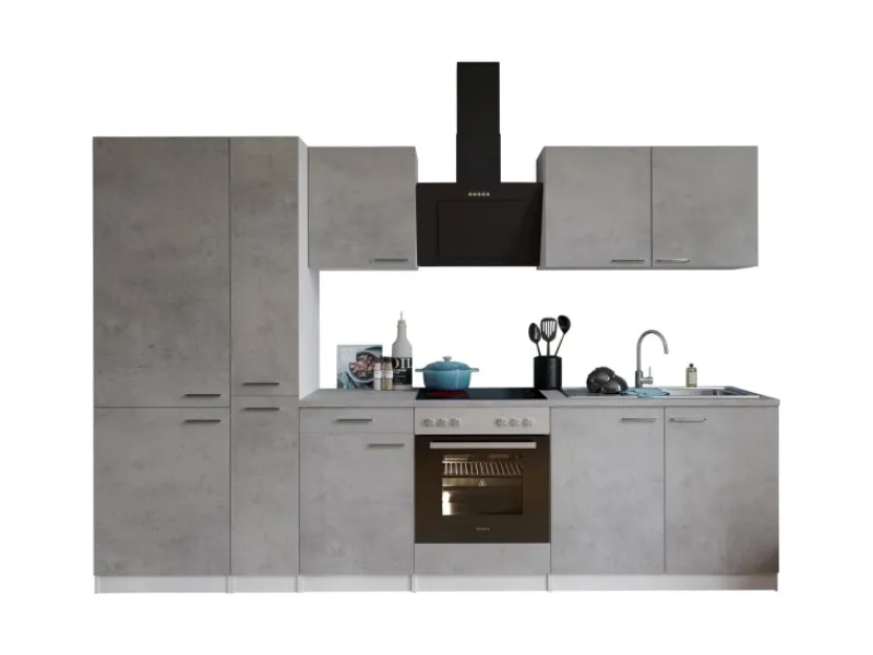 Respekta Kochfelder|Kühlschränke<Küchenblock Malia 300 cm Beton Fronten inkl. Kühl-/ Gefrierkombination