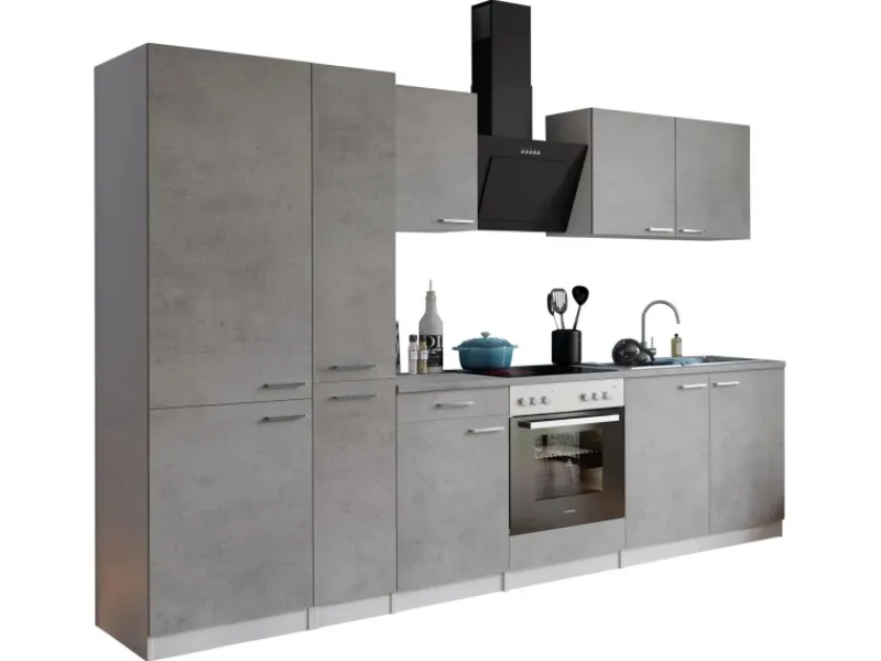 Respekta Kochfelder|Kühlschränke<Küchenblock Malia 300 cm Beton Fronten inkl. Kühl-/ Gefrierkombination