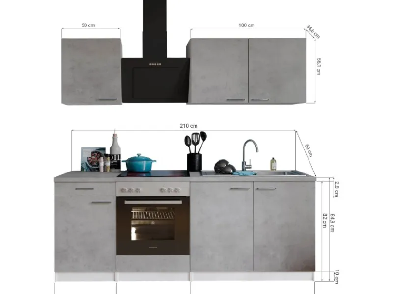 Respekta Kochfelder<Küchenblock Malia mit E-Geräten 210 cm Beton Fronten