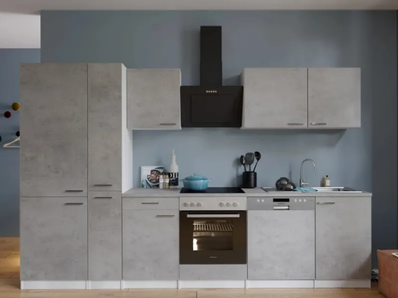 Respekta Küchenblock Malia 310 cm Beton Fronten inkl. Kühl-/ Gefrierkombination< Herde|Kühlschränke