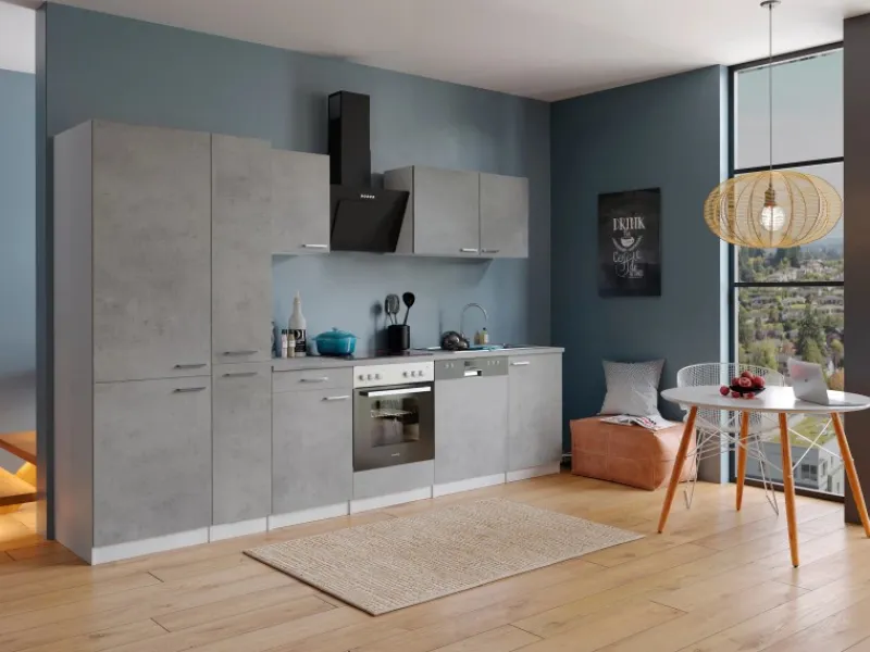 Respekta Küchenblock Malia 310 cm Beton Fronten inkl. Kühl-/ Gefrierkombination< Herde|Kühlschränke