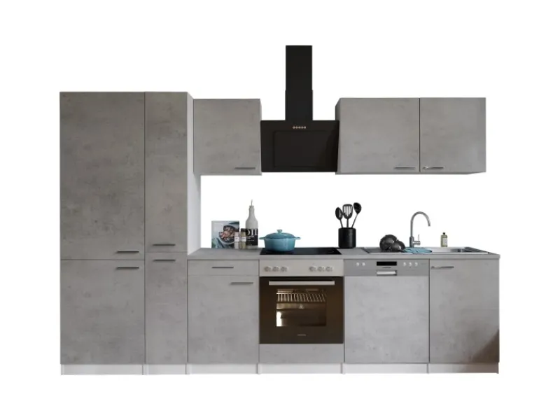 Respekta Küchenblock Malia 310 cm Beton Fronten inkl. Kühl-/ Gefrierkombination< Herde|Kühlschränke
