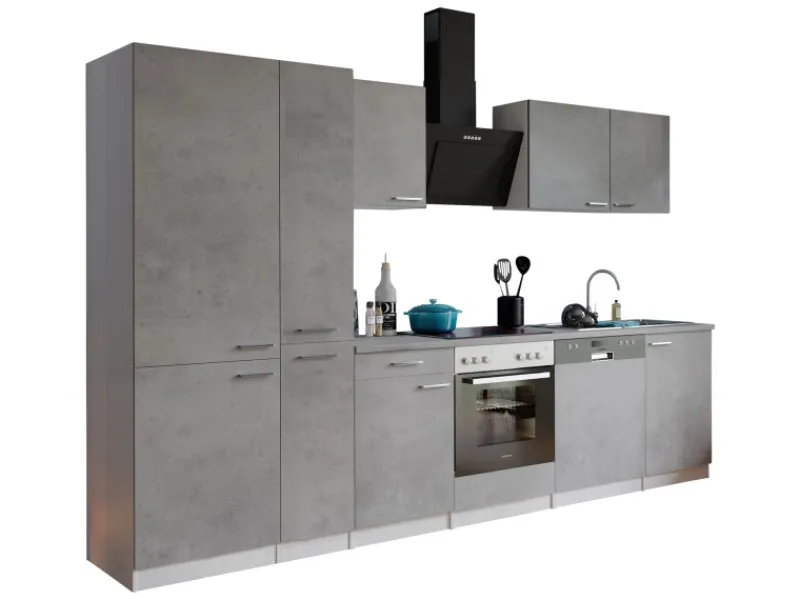 Respekta Küchenblock Malia 310 cm Beton Fronten inkl. Kühl-/ Gefrierkombination< Herde|Kühlschränke