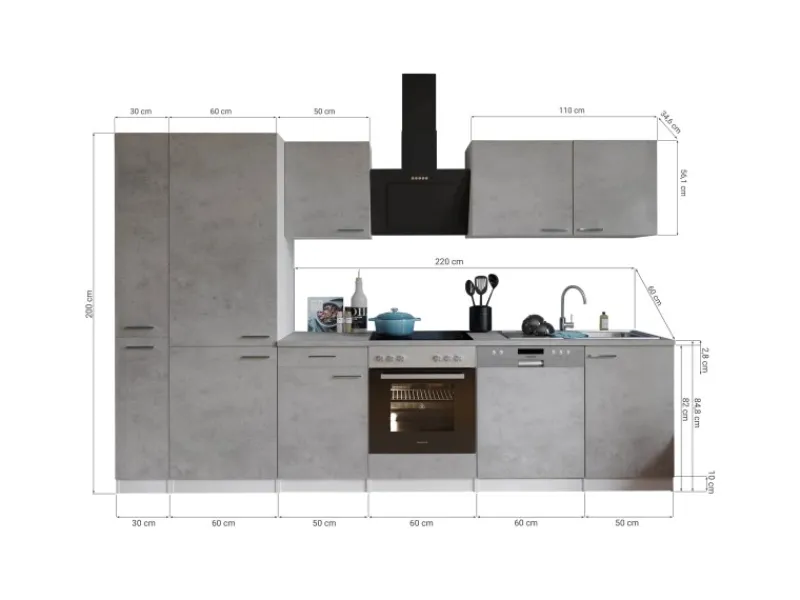 Respekta Küchenblock Malia 310 cm Beton Fronten inkl. Kühl-/ Gefrierkombination< Herde|Kühlschränke