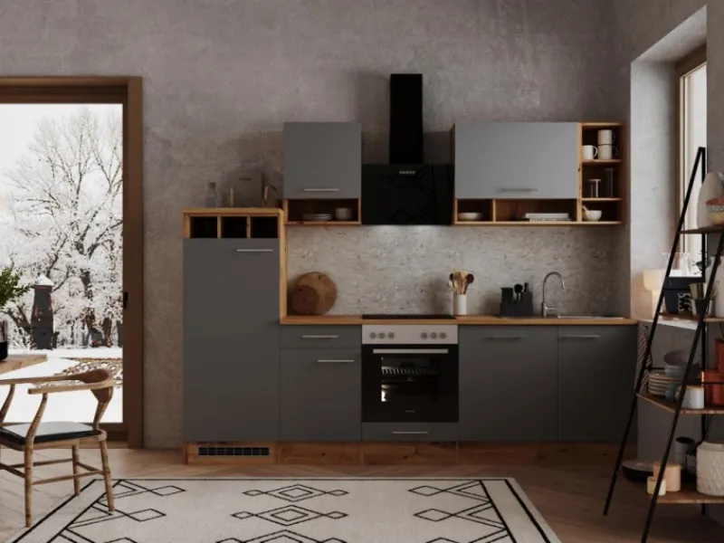 Discount Respekta Küchenzeile 280 cm -Wildeiche Nachbildung Grau