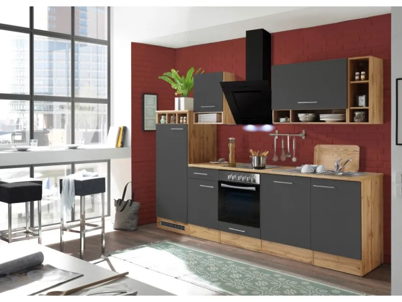 Discount Respekta Küchenzeile 280 cm -Wildeiche Nachbildung Grau