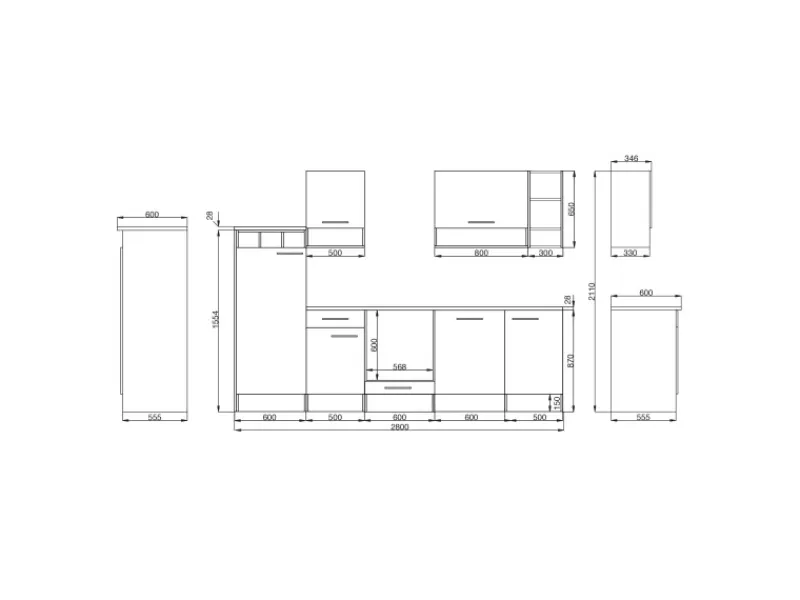 Discount Respekta Küchenzeile 280 cm -Wildeiche Nachbildung Grau