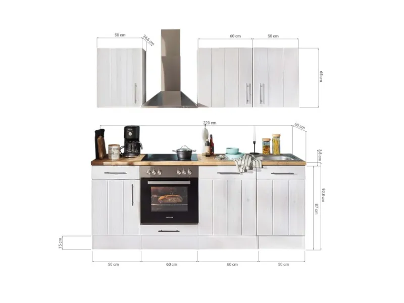 Respekta Küchenzeile Anton LBBERP220LHWC ohne E-Geräte 220 cm Lärche Weiß< Einbauküchen
