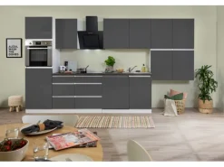 Outlet Respekta Premium Respekta Küchenzeile GLRP380HWG Grifflos 380 cm -Weiß Grau Hochglanz