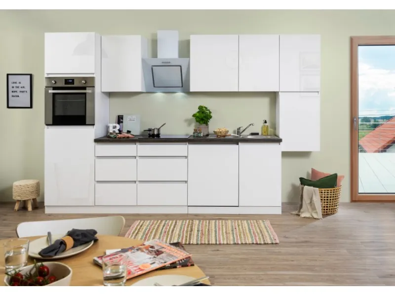Clearance Respekta Premium Respekta Küchenzeile GLRP330HWW Grifflos 330 cm Weiß Hochglanz Hochglanz Weiß