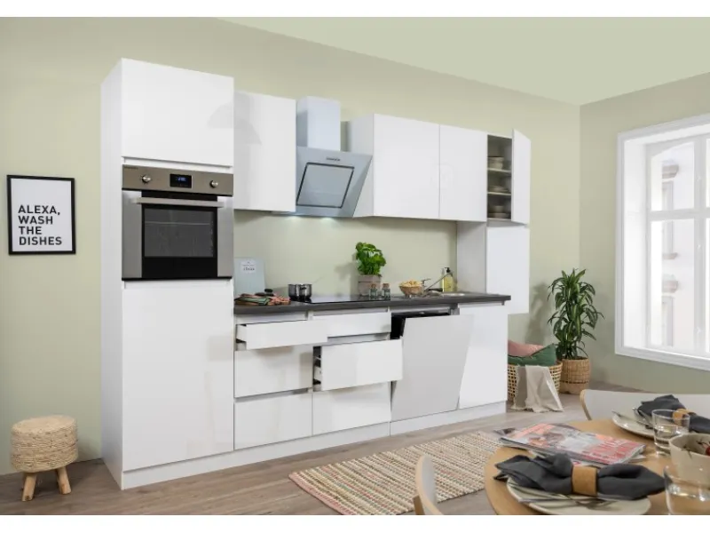 Clearance Respekta Premium Respekta Küchenzeile GLRP330HWW Grifflos 330 cm Weiß Hochglanz Hochglanz Weiß