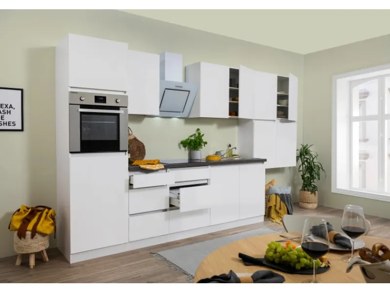 Respekta Premium Kochfelder|Kühlschränke<Respekta Küchenzeile GLRP370HWWM Grifflos 370 cm