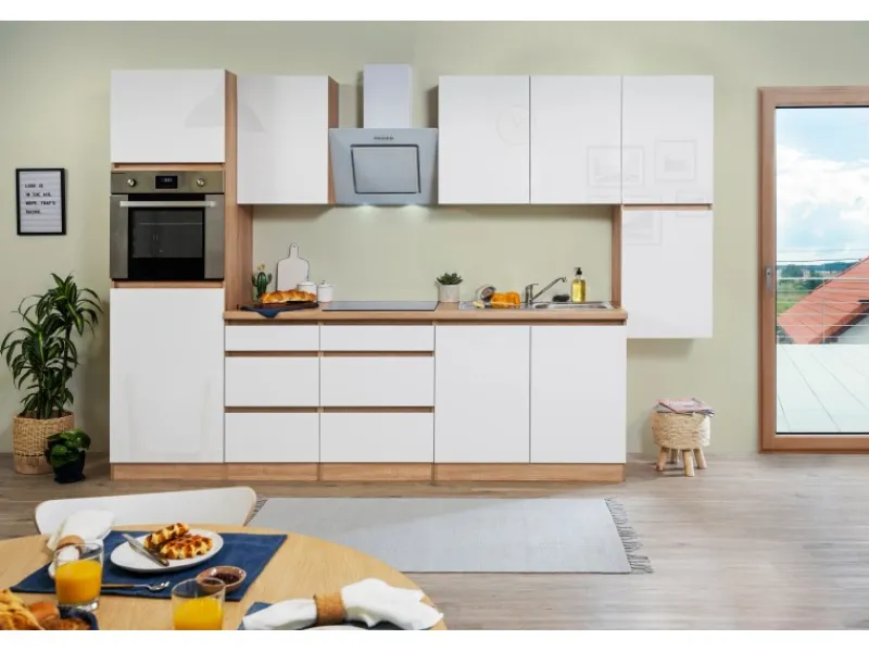 Respekta Premium Kühlschränke|Winkelküchen<Respekta Küchenzeile GLRP320HESW Grifflos 320 cm Weiß Hochglanz-Sonoma Eiche