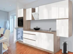 Respekta Premium Kühlschränke|Winkelküchen<Respekta Küchenzeile GLRP320HESW Grifflos 320 cm Weiß Hochglanz-Sonoma Eiche