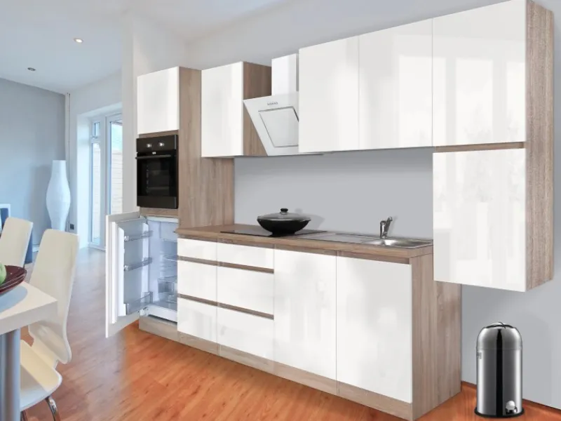 Respekta Premium Kühlschränke|Winkelküchen<Respekta Küchenzeile GLRP320HESW Grifflos 320 cm Weiß Hochglanz-Sonoma Eiche