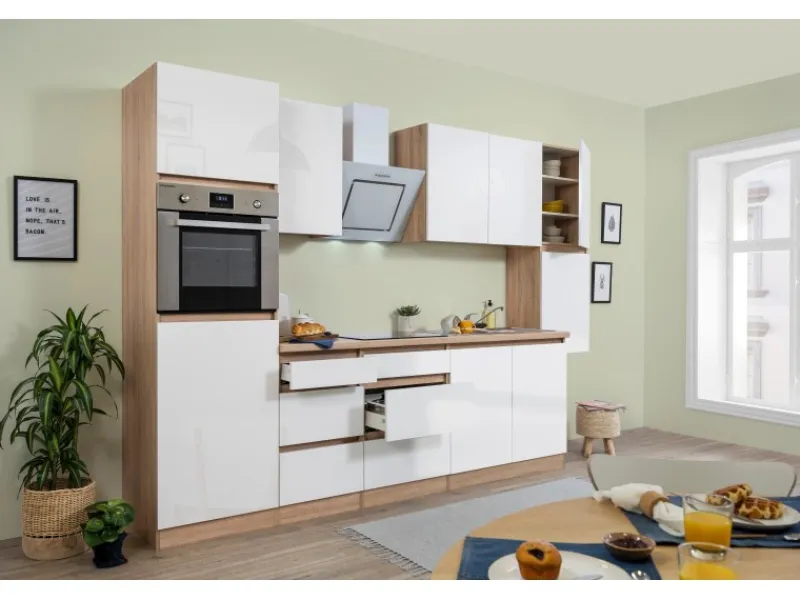 Respekta Premium Kühlschränke|Winkelküchen<Respekta Küchenzeile GLRP320HESW Grifflos 320 cm Weiß Hochglanz-Sonoma Eiche