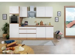 Respekta Premium Respekta Küchenzeile GLRP280HESW Grifflos 280 cm Weiß Hochglanz-Sonoma Eiche< Kochfelder|Kühlschränke