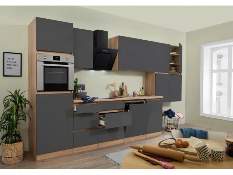 Sale Respekta Premium Respekta Küchenzeile GLRP380HESG Grifflos 380 cm -Sonoma Eiche Grau Hochglanz