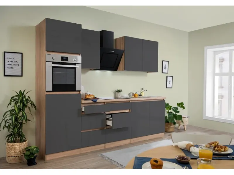 Clearance Respekta Premium Respekta Küchenzeile GLRP270HESG Grifflos 270 cm -Sonoma Eiche Grau Hochglanz