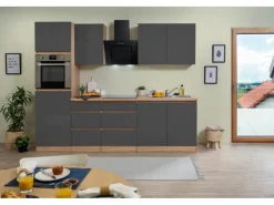 Clearance Respekta Premium Respekta Küchenzeile GLRP270HESG Grifflos 270 cm -Sonoma Eiche Grau Hochglanz
