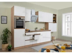 Respekta Premium Respekta Küchenzeile GLRP370HESW Grifflos 370 cm Weiß Hochglanz-Sonoma Eiche< Kochfelder|Kühlschränke