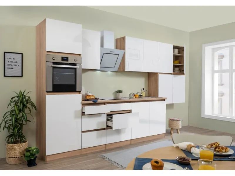 Respekta Premium Respekta Küchenzeile GLRP370HESW Grifflos 370 cm Weiß Hochglanz-Sonoma Eiche< Kochfelder|Kühlschränke