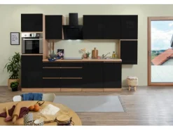 Hot Respekta Premium Respekta Küchenzeile GLRP330HESS Grifflos 330 cm -Sonoma Eiche Schwarz Hochglanz