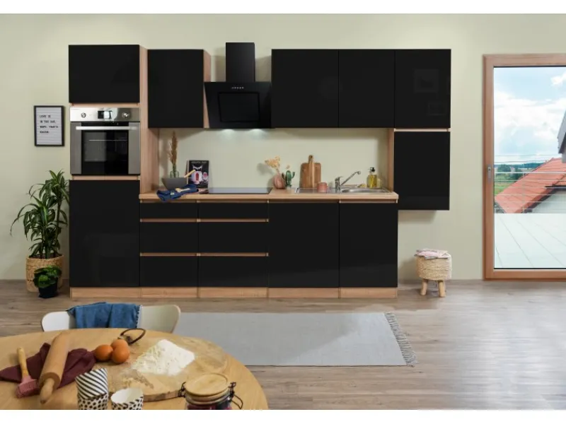 Hot Respekta Premium Respekta Küchenzeile GLRP330HESS Grifflos 330 cm -Sonoma Eiche Schwarz Hochglanz