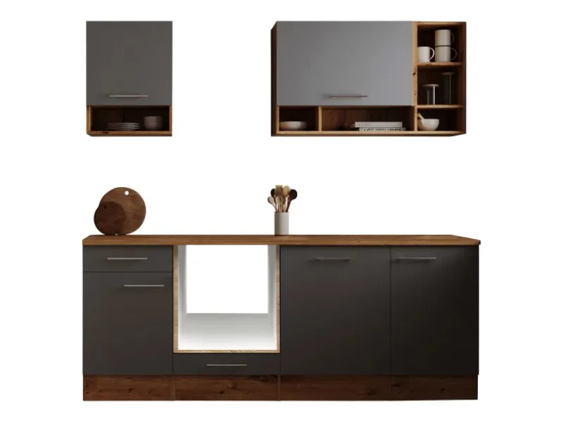 Respekta Einbauküchen<Küchenzeile Hilde LBBEKB220EGC ohne E-Geräte 220 cm Grau
