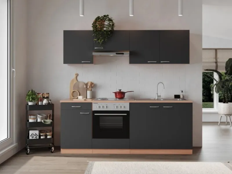 Respekta Küchenzeile KB210BGE 210 cm Grau Buche Nachbildung