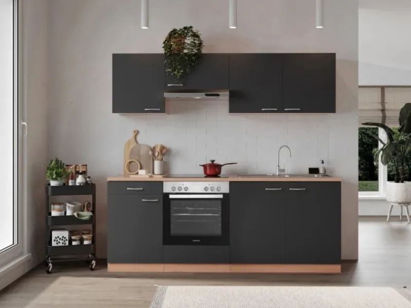 Respekta Einbauküchen|Kochfelder<Küchenzeile KB210BGEC 210 cm -Buche Nachbildung Glänzend