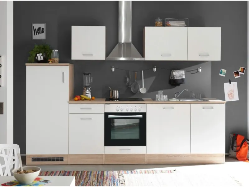 Hot Respekta Küchenzeile KB280ENWPC 280 cm Weiß Eiche-Natura Nachbildung
