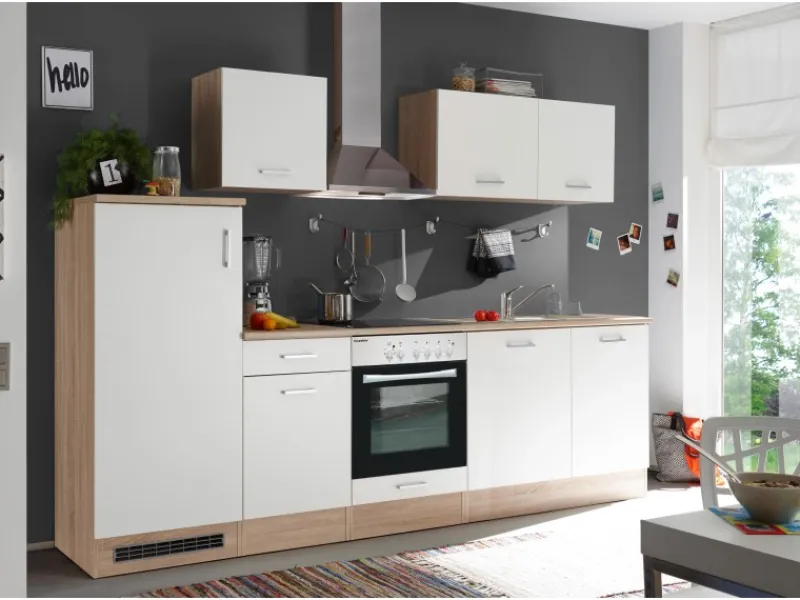 Hot Respekta Küchenzeile KB280ENWPC 280 cm Weiß Eiche-Natura Nachbildung