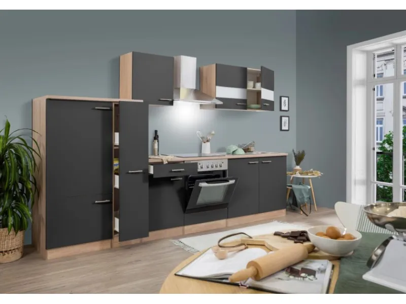 Discount Respekta Küchenzeile KB300ESGC 300 cm -Eiche Sägerau Nachbildung Grau